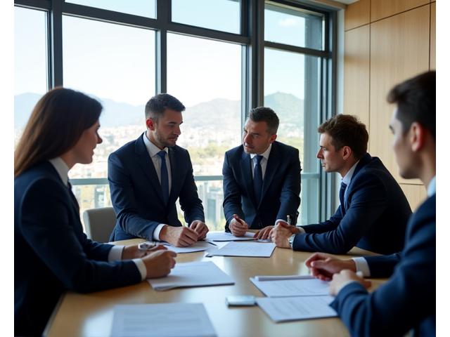 Abogados discutiendo documentos en una oficina moderna, simbolizando soluciones legales a medida.