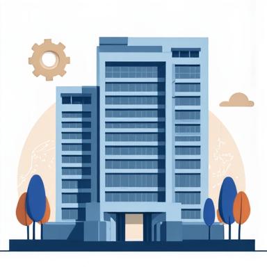 Un edificio corporativo moderno con el logo de una empresa, representando el registro y cumplimiento empresarial.